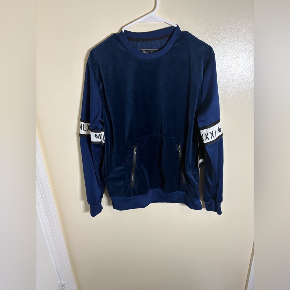 Men's Navy Blue Crewneck Sweater with Zipper Pockets